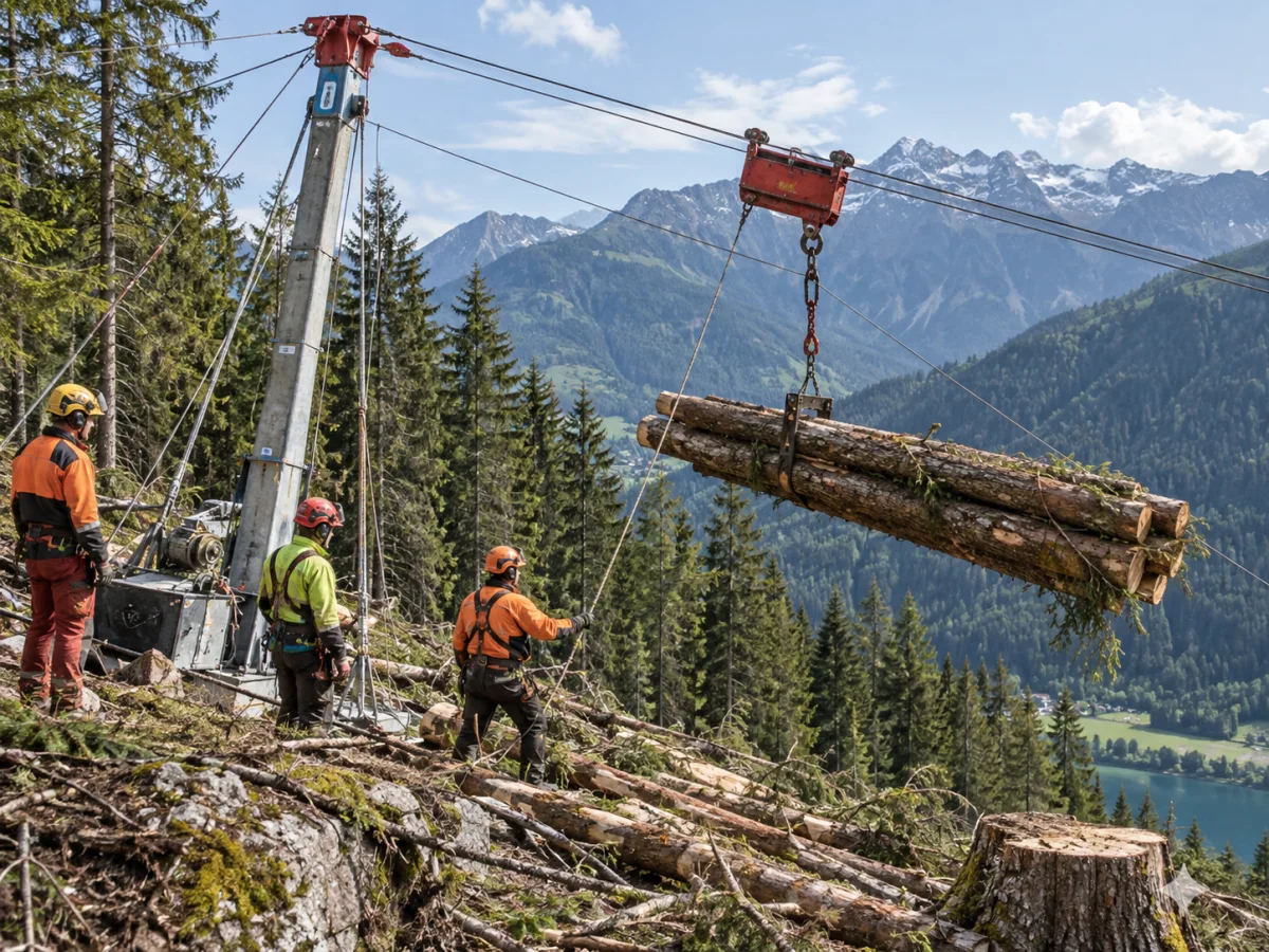 Installation de débardage forestier par câble aérien en montagne