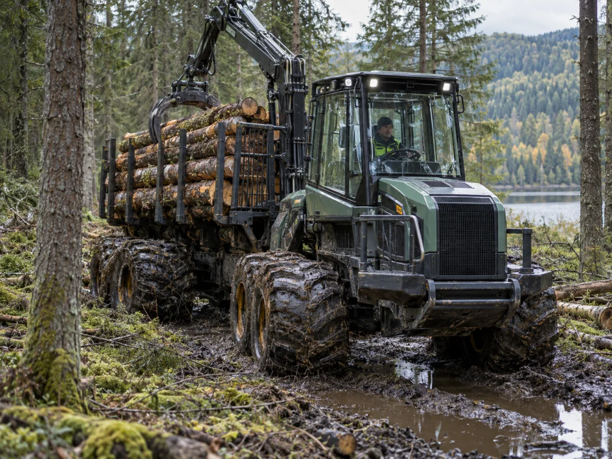 Débardeur forestier transportant des billons sur un terrain difficile